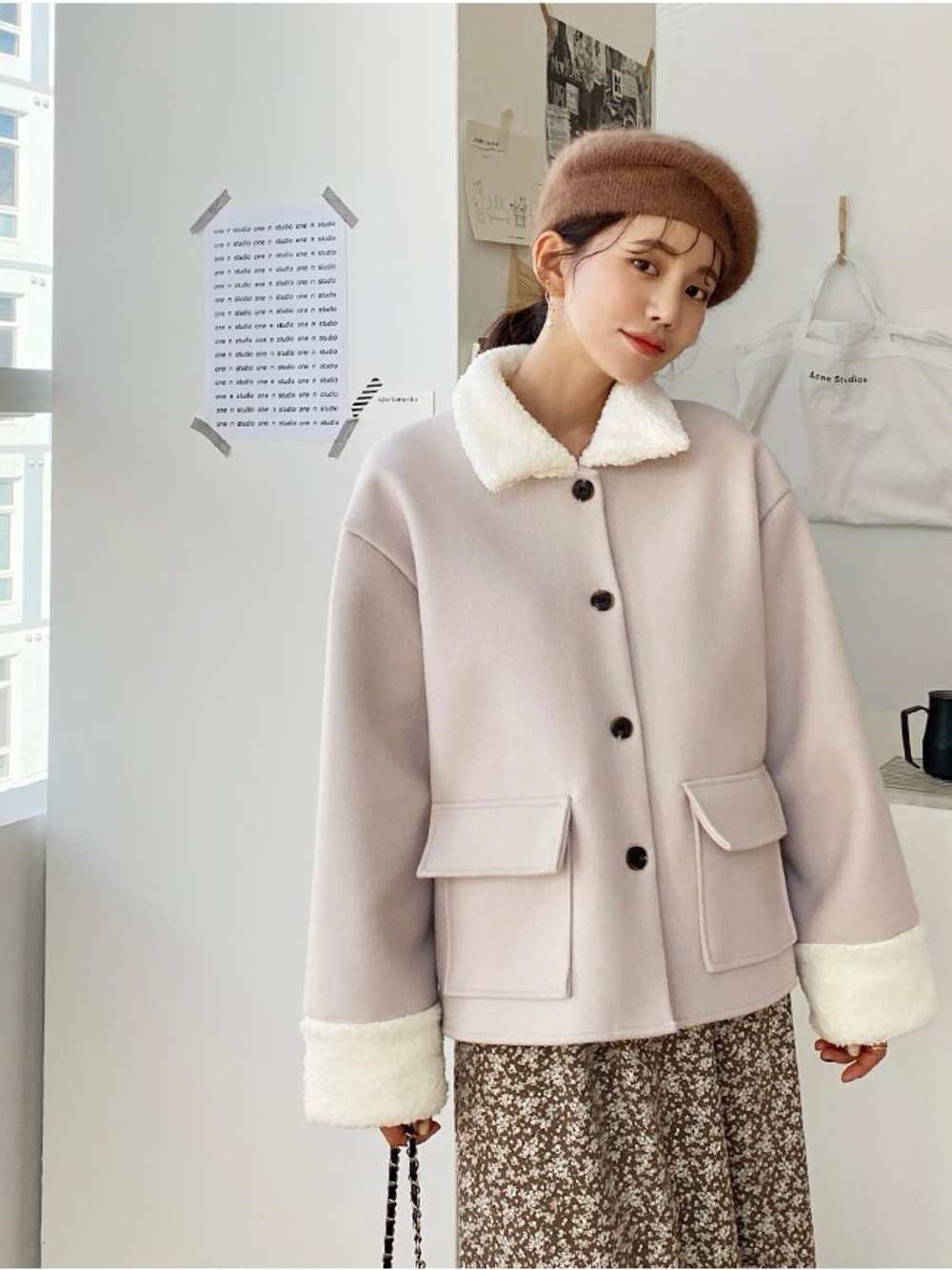 WiFi Light Blush Pink Sherpa Trim Oversized Shacket Jacket Women’s Size M - Picture 10 of 12